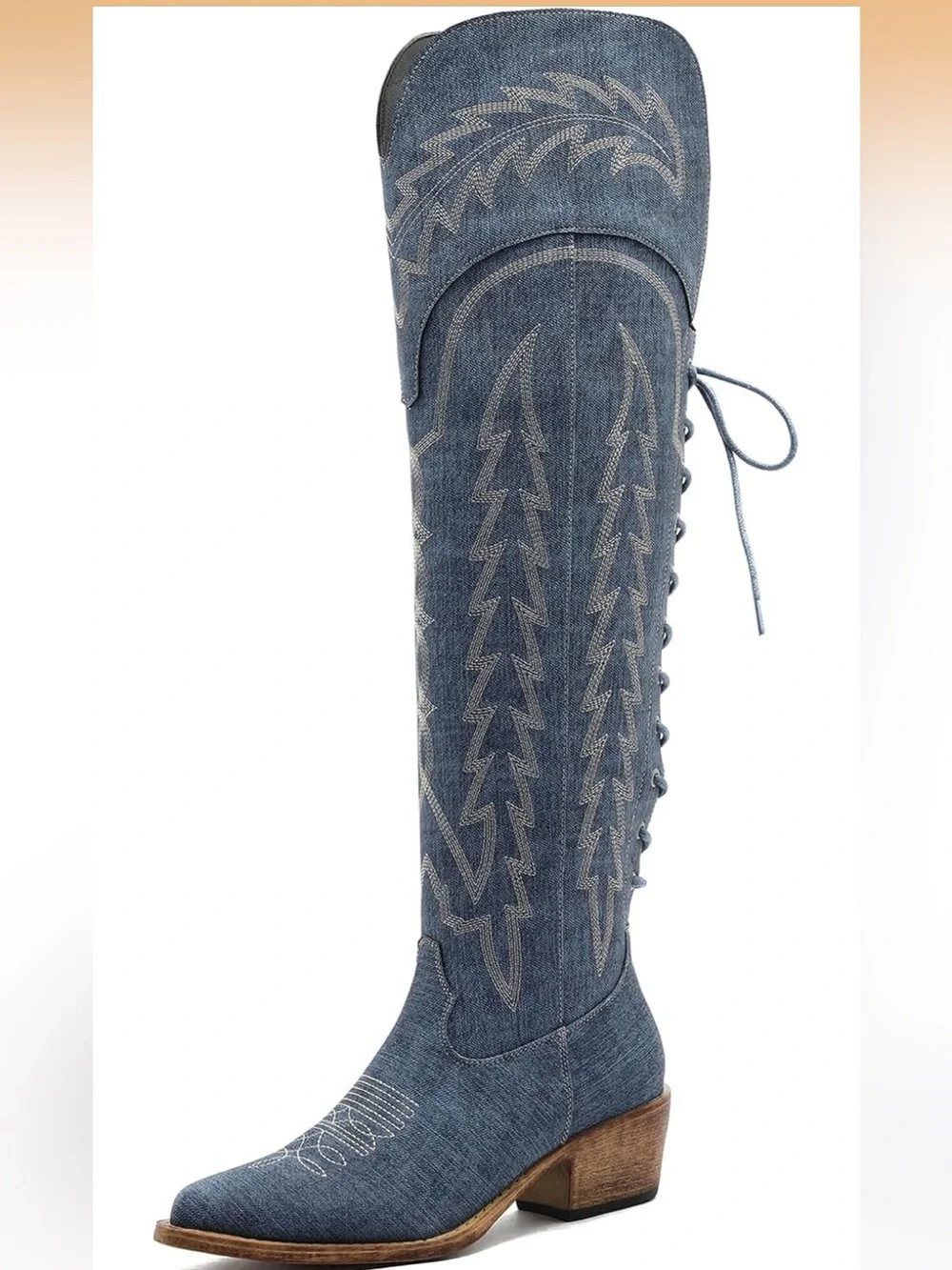 Denim Blue Lace-Up Western Over Knee Boot